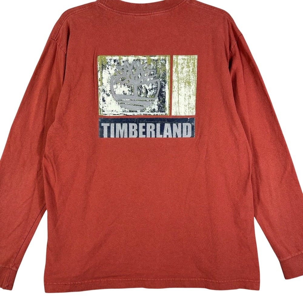 Timberland Long Sleeve‎ T-Shirt Men Medium Red Cotton Graphic Logo Crew Neck Y2K